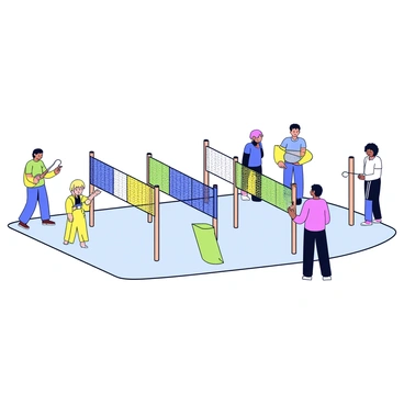 A row of badminton nets is being set up in a bright, spacious area. The nets are of different colors, including green, blue, and yellow. Each net is neatly hung between wooden posts, showcasing the various designs available for customers. The ground is covered with a smooth, light-colored surface, making it easy to see the nets clearly. Customers are gathered around, observing the display and discussing their preferences.