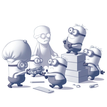 A group of small, mischievous minions in quirky outfits is depicted in a chaotic scene. One minion is humorously struggling to lift a large sack that appears too heavy for its size, while another is tangled in a long piece of rope, looking bewildered. Another minion is trying to balance a stack of oversized boxes, teetering precariously. In the background, a comical expression can be seen on the face of Gabbar, observing the chaotic situation with a mix of frustration and amusement. The setting includes a variety of props and tools scattered around, illustrating the disorder of their mission.