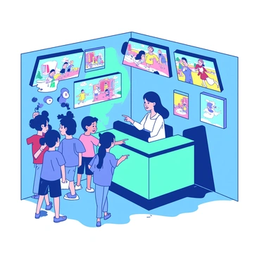 A lively shop corner is filled with digital displays showcasing vibrant animated illustrations. The shop has a bright teal counter where a friendly shopkeeper stands, interacting with customers. Above the counter, there are multiple screens showing colorful animations, with characters dancing and playing. The walls are adorned with posters featuring various animated scenes. Customers of different ages are gathered around, pointing at the displays with expressions of excitement and curiosity. Soft blue lighting enhances the lively atmosphere of the shop.