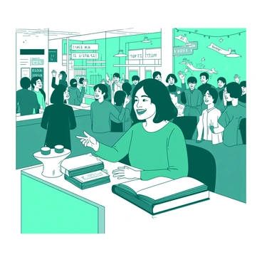 A teal author is sitting at a table with a stack of books in front of them, signing copies for fans. The author has a bright smile on their face as they engage with an eager reader. In the background, a crowd of people is applauding, their hands raised in appreciation. The bookstore is filled with shelves of books, and there are colorful banners in the air celebrating the launch event. A small white table with refreshments can be seen to the side of the author, adding to the lively atmosphere.