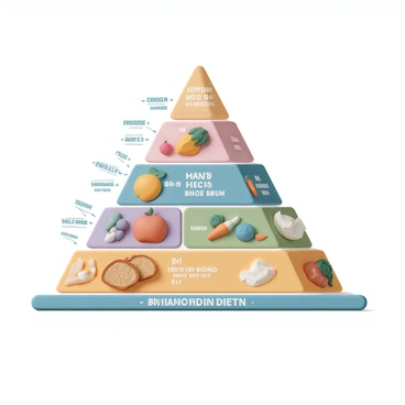 An educational poster featuring a balanced diet. The poster includes a large colorful pyramid divided into different sections representing various food groups. At the base, there are images of whole grains, such as brown rice and whole wheat bread. Above that, there are sections displaying a variety of fruits, like apples, bananas, and berries, alongside vegetables, including carrots, broccoli, and leafy greens. The next tiers showcase protein sources, such as chicken, fish, beans, and nuts. At the top of the pyramid, there are small images of dairy products, including milk, cheese, and yogurt. Each section is labeled with clear text indicating the food group, and there are arrows pointing to suggested portion sizes. The overall layout is colorful and visually engaging, designed to inform viewers about the importance of a balanced diet.