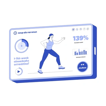 A virtual AI trainer is depicted on a home screen, designed as a digital interface. The trainer is shown as a humanoid figure with a friendly expression, demonstrating workout poses. The background of the screen features icons for various workout options and statistics. There is a timer displayed prominently in one corner, alongside a progress tracker showing completed exercises. Additional elements on the screen include motivational quotes in bold text and a music control panel. The interface has a sleek, modern design that enhances the workout experience.