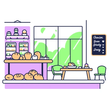 A cozy bakery interior with fresh bread on display in the early morning light
