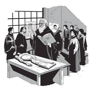 Vesalius teaching his apprentices in an anatomy theatre