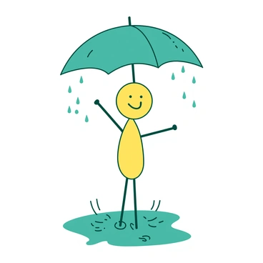 A yellow stickman with a round head and thin arms is joyfully holding a teal umbrella high above its head. The umbrella is open and shielding the stickman as rain falls around. The stickman stands in a puddle, splashing water with both feet. Small droplets of water are visibly disturbed around the stickman's feet, creating ripples in the puddle. The background features a light gray sky, emphasizing the rainy weather.