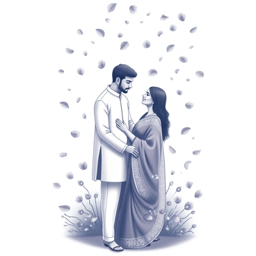 A Bengali couple stands close together, surrounded by an abundance of flower petals cascading down from above. The couple gazes into each other's eyes, their expressions conveying deep affection. The man is wearing a traditional white kurta, and the woman is dressed in a vibrant saree, with intricate designs. The petals, in various shapes and sizes, fall gently around them, creating a surrounding of softness and romance. The couple is positioned in a garden setting, with hints of greenery and the texture of blossoms in the background, enhancing the intimate moment they share.