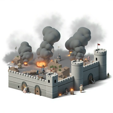 A large stone fortress, featuring tall walls and battlements, is depicted under siege. Soldiers are stationed on the walls, wearing armor and holding shields and weapons, ready to defend the fortress. Some soldiers are seen firing arrows from wooden crossbows, while others are preparing large catapults. Thick plumes of dark smoke rise into the sky from burning structures nearby, and orange flames flicker in the background, lending an atmosphere of chaos. The sky is filled with ash and smoke, contrasting against the vivid colors of the fire.