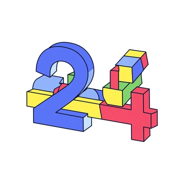 A collection of colorful building blocks arranged in a vertical stack. Each block is a different color, such as red, blue, yellow, and green. The blocks are shaped into the number "24" in expanded form, showing "20" and "4" separately. The "20" is represented by two large blue blocks stacked on top of each other, while the "4" is depicted by a smaller red block placed next to them. The blocks are placed on a plain white surface.
