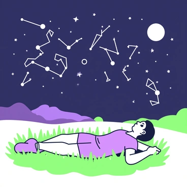 A young man named Samson is lying on a grassy field at night. He is looking up with a contemplative expression as he gazes at the starry sky. The sky is filled with numerous stars, and several constellations can be distinctly seen forming patterns above him. There is a gentle breeze rustling through the grass, and the moon is visible in the background, casting soft shadows on the ground. The overall scene conveys a sense of wonder and tranquility as Samson admires the vastness of the universe.