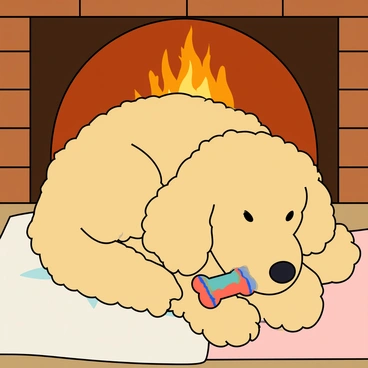 A fluffy labradoodle with soft, wavy fur in shades of cream and caramel is curled up comfortably in front of a cozy fireplace. The light from the fire casts a warm glow on the dog's fur. The labradoodle is resting its head on a small, colorful plush toy shaped like a bone, which is nestled close to its paws. The fireplace has a brick surround, and a gentle flame flickers within, creating a soothing atmosphere. There is a soft, patterned blanket draped beside the dog, adding to the warmth of the scene.