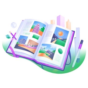 A modern pastel illustration of an open visual journal filled with a variety of photographs and sketches. The pages display vibrant images capturing different landmarks, street scenes, and cultural moments from the city. Among the sketches, there are detailed drawings of buildings, people, and local flora. The journal is placed on a clean surface with art supplies, including colored pencils and markers, scattered around it. A colorful city skyline is faintly visible in the background, adding context to the journey being documented.