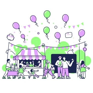 A vibrant festival scene unfolds, filled with activity and excitement. Colorful balloons shaped like "price tags" float high in the sky, their strings dancing in the gentle breeze. Below, a group of people are gathered, some are enjoying food from various stalls, while others are engaged in lively conversation. Various decorations adorn the area, including banners and streamers. Children can be seen running around, their laughter mingling with the music from a nearby stage where a band is performing. The atmosphere is filled with joy and celebration, creating a dynamic and engaging scene.