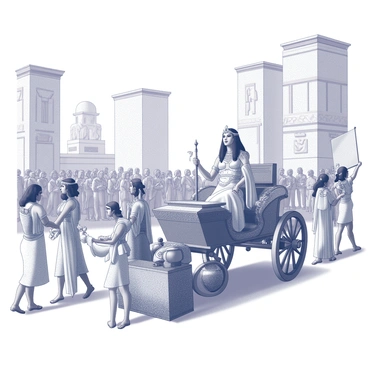 Cleopatra is depicted in a grand royal procession within an ancient Egyptian city. She is seated on an ornate chariot adorned with intricate carvings. Her attire is regal, featuring a flowing gown with elaborate patterns. Around her, several attendants carry ceremonial objects and drape fine fabrics. The streets are lined with citizens, some holding banners and others offering gifts. Tall stone buildings with hieroglyphics and statues can be seen in the background, contributing to the historical atmosphere of the scene.