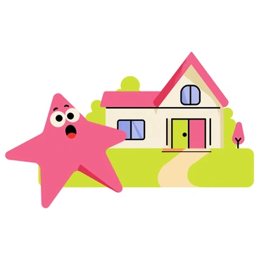 A cartoon-style illustration of "Patrick Star" looking surprised. He has his iconic pink body and wide eyes, with his mouth slightly open in astonishment. He is standing in front of a large, whimsical house with a colorful facade, complete with a steep roof and an oversized front door. The house is surrounded by a vibrant green lawn, and there are a few cartoonish trees in the background, adding to the playful atmosphere of the scene.