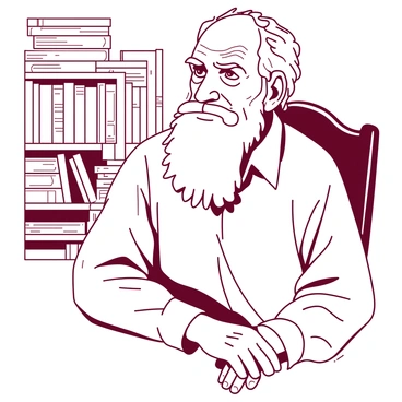 A duotone illustration features an elderly man with a long white beard, deep in thought. His wrinkled face shows signs of wisdom and experience, with furrowed brows and slightly closed eyes. He wears a simple, loose-fitting shirt with rolled-up sleeves. The man sits in a wooden chair, his hands resting on his lap, fingers intertwined. Soft light highlights the contours of his face, creating gentle shadows that add depth to his expression. Behind him, there is a blurred suggestion of a cozy room filled with books.