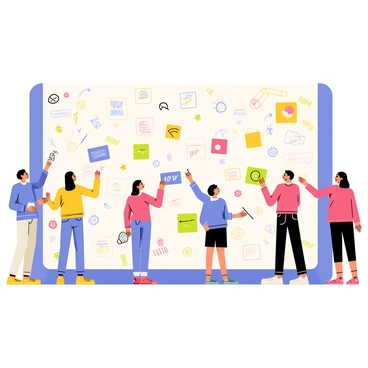 A giant interactive wall featuring a smooth surface covered in a variety of colors. The wall is filled with doodles, drawings, and handwritten notes from various visitors, showcasing a mix of styles and creativity. There are digital screens integrated into the wall that allow for the display of animations and effects when users interact with their contributions. Several visitors of different ages are shown happily engaging with the wall, some adding new drawings while others admire the existing artwork. Bright lights highlight the wall, creating an inviting atmosphere for creativity.