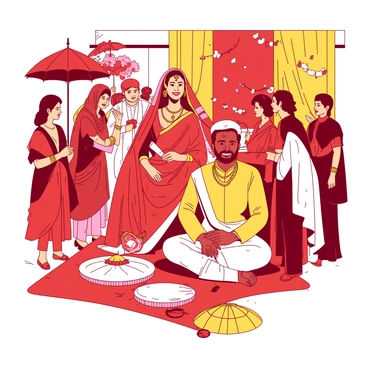 A red and yellow illustration depicting a lively traditional Bengali wedding ceremony. In the center, a bride adorned in an elaborate red and white saree is seated, surrounded by guests. The bride is wearing intricate gold jewelry, including a necklace and earrings. A groom dressed in a cream-colored panjabi smiles beside her, donning a traditional headpiece. Guests are wearing colorful attire, such as vibrant sarees and kurta-pajamas, while some hold decorative umbrellas. In the background, there are festive decorations including flowers and colorful drapes, adding to the celebratory atmosphere. The scene captures the essence of joy and festivity.