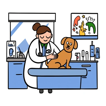 A veterinarian with light skin and short brown hair is gently examining a small, fluffy puppy on an examination table in a veterinary clinic. The puppy has soft fur and big, round eyes, looking up at the veterinarian with curiosity. The veterinarian is wearing a white coat and a stethoscope around their neck. The examination room is equipped with various medical tools and a poster of animal anatomy on the wall. Natural light is coming in through a window, illuminating the scene.