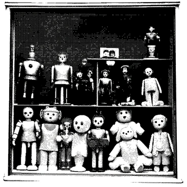 A toy store window is filled with an array of retro cartoon toys and dolls from the early 20th century. There are colorful wind-up toy robots with metallic finishes, standing next to wooden dolls with painted faces and vintage outfits. Plush teddy bears with button eyes are arranged neatly among the toys, while a classic jack-in-the-box peeks out from the corner. The window display is framed with a decorative border that highlights the nostalgic theme, adding to the charm of the setting. Each toy is meticulously positioned to showcase its unique features and details, inviting passersby to take a closer look.