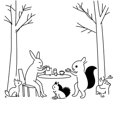 A group of woodland creatures is gathered around a small, round table set with various teacups and a teapot. A rabbit is pouring tea into a cup, while a squirrel is holding a small plate of cookies. A hedgehog is seated on a chair with a napkin on its lap, and a deer stands nearby, watching with interest. Tall trees with detailed bark and leaves surround the gathering, casting dappled shadows on the ground. The atmosphere is lively, with each animal engaging in conversation and enjoying the treats.