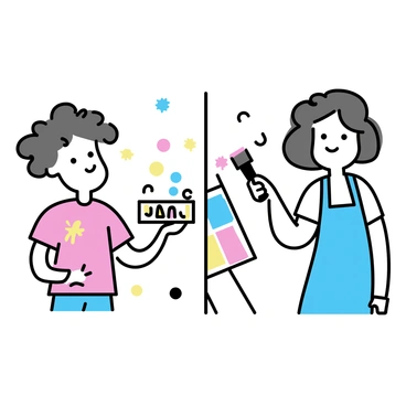 A split image featuring two halves. On the left side, a young child, around six years old, has curly brown hair and is wearing a bright red t-shirt. The child holds a small paintbrush in one hand and a colorful palette in the other, with splashes of paint on the face and clothes. On the right side, an adult artist stands with shoulder-length wavy hair and wears a blue apron over a white shirt. The adult holds a larger paintbrush, poised above a canvas filled with vibrant colors. Both sides depict a background of abstract shapes and colors, enhancing the artistic theme.