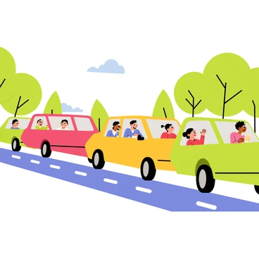 A highway featuring a bright blue carpool lane divided by a white dashed line. Several cars in different colors, such as red, yellow, and green, are shown closely together in the lane. Each car has cheerful passengers visible through the windows, with some waving and smiling, while others are laughing or conversing. The background includes green trees lining the highway and a clear blue sky above, enhancing the lively atmosphere of the scene.