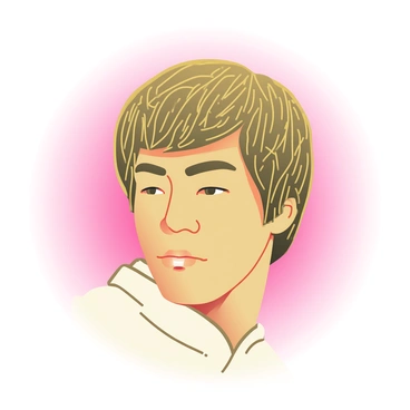 A close-up view of a brooch is displayed prominently in the center of the image. The brooch is intricately designed to resemble "Bruce Lee," capturing his iconic facial features and expression. The details include small, finely etched lines that define his hair and facial structure, adding depth and realism. The brooch is made of shiny gold metal, which reflects light and highlights its craftsmanship. Surrounding the brooch are soft, blurred gradients of color that enhance its visual appeal, creating a striking contrast against the gold.