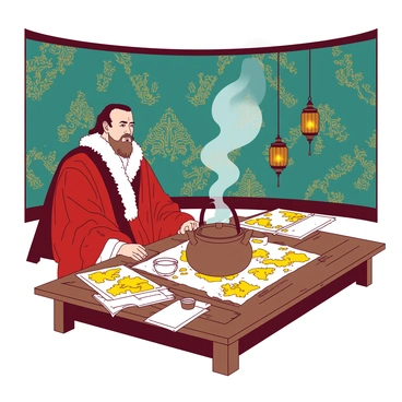 Inside a teal yurt adorned with intricate golden patterns, Genghis Khan sits at a low wooden table covered with various historical maps. He is dressed in a richly embroidered robe featuring shades of red, with a fur-lined collar that signifies his status. The table is cluttered with scrolls and compasses, while a large teapot in the center emits steam, suggesting freshly brewed tea. The walls of the yurt are decorated with colorful tapestries, and a warm glow from hanging lanterns casts soft light over the scene.
