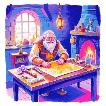 A dwarf named Gimli is seated at a sturdy wooden table in a cozy dwarven house. He has a thick beard and wears a leather vest with intricate metal detailing. In front of him lies an ancient treasure map, yellowed with age and covered in faded markings. The room is warmly lit by a hanging lantern, casting soft shadows on the stone walls adorned with dwarf craftsmanship. Various tools and artifacts are scattered on the table, including a small pickaxe and a magnifying glass. Behind him, shelves filled with books and scrolls create a scholarly atmosphere. A flickering fireplace adds to the comfort of the scene.