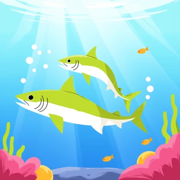 A pair of barracudas swimming side by side, their streamlined bodies glimmering with silver and green hues under the water. The first barracuda has a slightly larger size, with its elongated form displaying sharp, pointed teeth. The second barracuda follows closely, mirroring the first’s movements perfectly, showcasing a sense of harmony. Bubbles trail behind them as they glide through the vibrant blue ocean, surrounded by colorful coral and small fish darting in the background. Sunlight filters down from above, creating a dappled light effect on their scales.