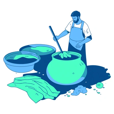 A worker wearing a blue apron is standing beside large, round vats filled with vibrant teal dye. The worker is carefully stirring a hide submerged in one of the vats using a long wooden stick. Surrounding the area, there are additional vats filled with different shades of teal, and the ground is slightly damp from the dyeing process. The worker's hands are stained with dye, and a pile of dried hides is stacked near the vats, ready for the next stage. Sunlight filters in, casting shadows across the scene.