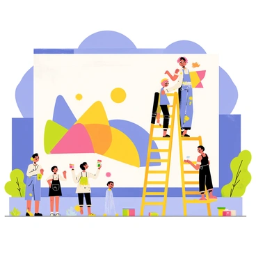 An energetic painter with short, colorful hair is standing on a tall ladder, adding vibrant strokes to a large urban wall. The wall features a lively mural depicting a variety of abstract shapes and bright colors. The painter is wearing a paint-splattered apron and has a focused expression. Paint containers in various colors are scattered on the ground, and a few splashes of paint are visible on the pavement below. A group of curious onlookers are watching the mural come to life. The sky is clear blue, and the urban setting includes nearby buildings and greenery.