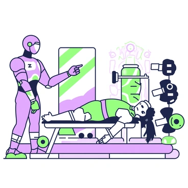 A futuristic robot with sleek, metallic features is demonstrating proper form to a gym-goer performing a skull crusher exercise. The robot's arms are elongated and articulated, showing precise movements. The gym-goer, who has a determined expression, is lying on a bench with a barbell positioned above their head. The robot stands beside them, pointing at the gym-goer's posture with an illuminated finger. Various gym equipment, such as dumbbells and a weight rack, are visible in the background, along with a large mirror reflecting the scene. The gym is well-lit, enhancing the focus on the robot and the gym-goer.