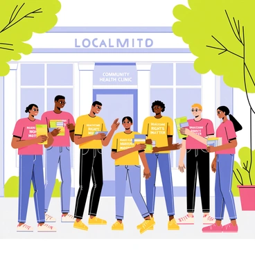 A group of five activists stands in front of a local clinic, each holding a stack of colorful pamphlets. They are engaged in conversation with several patients who are entering the clinic. The activists wear brightly colored t-shirts with bold text stating "Healthcare Rights Matter." The clinic building has large windows and a welcoming entrance, with plants placed around the doorway. A sign above the entrance reads "Community Health Clinic." Sunlight filters through the trees lining the sidewalk, creating a vibrant atmosphere.
