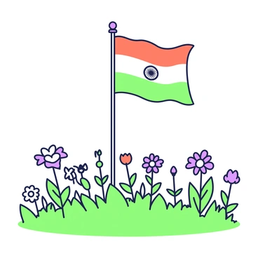 An Indian flag with vibrant colors is flying atop a flagpole in the center of a field. The flag flutters gently in the breeze, showcasing its distinct patterns. The field surrounding the flag is filled with various wildflowers, their shapes and sizes varying, creating a lively scene. In the foreground, there are clusters of flowers in different positions, adding depth to the image. The sky above is clear, allowing sunlight to illuminate the flag and the wildflowers, enhancing their visibility.
