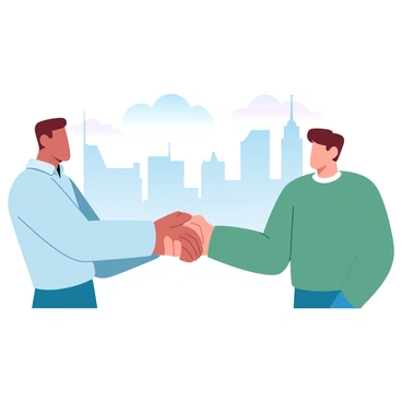 Two friends are standing with their right hands extended towards each other, engaged in a handshake. One friend is wearing a light blue shirt while the other is dressed in a green sweater. They are positioned in front of a city skyline that features tall skyscrapers and modern architecture. The scene is set during the day, with a clear sky and soft clouds visible above the buildings. The colors of the buildings and sky create a harmonious backdrop for their interaction.