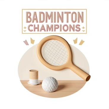 A vintage-style sports poster featuring a "classic badminton racket" positioned diagonally across the image. The racket has a wooden frame with a mesh string pattern, showcasing its textured grip. Next to the racket, there is a "shuttlecock" with a white feather skirt and a cork base, resting on a wooden surface. The background includes subtle geometric patterns and warm color tones that evoke a nostalgic feel, while text in bold retro typography at the top reads "Badminton Champions."