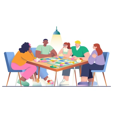 A family and friends are gathered around a large wooden table, fully engaged in a board game night at home. There are five individuals; a woman with curly black hair, a man with short blonde hair, a girl with medium brown hair in a ponytail, a young boy with glasses, and another woman with straight chestnut hair. The table is covered with a colorful board game, featuring various game pieces and cards scattered around. Surrounding the table are bowls filled with assorted snacks, including popcorn, chips, and candy. A warm light from an overhead lamp casts a cozy glow over the scene, creating an inviting atmosphere for the gathering.