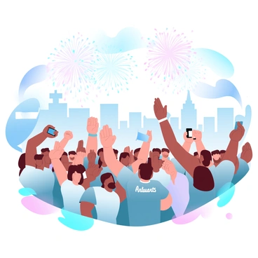 A vibrant scene depicting a large crowd celebrating an anniversary of a confederation. People are gathered together, some holding flags and banners. Fireworks are exploding in the night sky, creating a multitude of colors, illuminating the surrounding area. Some individuals are raising their arms in celebration, while others are capturing the moment with their phones. In the background, buildings are silhouetted against the colorful display of fireworks. The atmosphere is lively, filled with excitement and joy as the crowd enjoys the festivities.