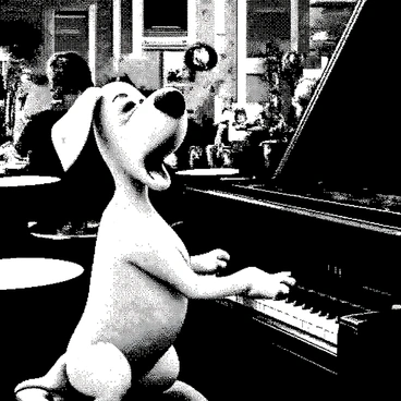 A cartoon dog playing a piano in a lively jazz club