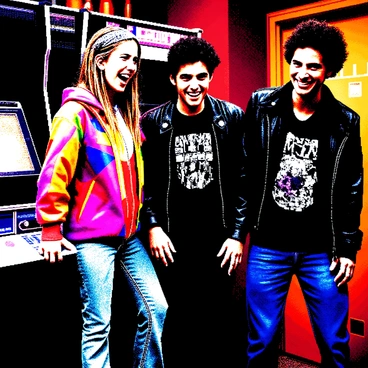 A group of three friends is gathered around an arcade game machine, all dressed in vibrant 80s outfits. One friend, a female, is wearing a colorful oversized windbreaker and has big hair, while another friend, a male, sports high-waisted jeans and a graphic t-shirt. The third friend, also male, is dressed in a leather jacket and has a bandana tied around his head. They are all smiling and laughing, fully engaged in playing the game. Neon lights are illuminating the room, creating a lively atmosphere. The arcade machine displays pixelated graphics on its screen, capturing the essence of retro gaming.