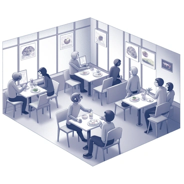 A futuristic cafeteria filled with various tables and seating arrangements. Robots with sleek metallic bodies are serving food and drinks to customers seated at the tables. The robots have articulated joints and display screens that show menu options. Customers of diverse backgrounds are engaging with the robots, some are placing orders while others are receiving their meals. The ambiance is lively, with people chatting and enjoying their meals in this modern setting. The cafeteria features large windows that let in natural light, and the walls are adorned with digital displays showing vibrant food images.