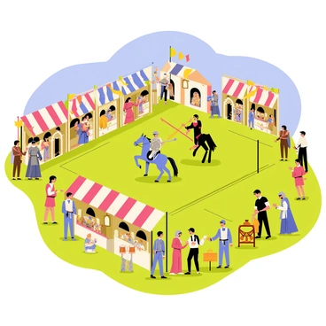 A lively medieval fair set in a green field under a bright blue sky. Stalls adorned with colorful banners display handcrafted goods like pottery and woven fabrics. People wearing intricate period costumes walk around, including noble knights in shining armor, ladies in flowing gowns, and common folk in simple tunics. A jousting arena is in the center, with two knights on horseback charging toward each other, lances aimed forward. Spectators cheer from the sidelines, some holding wooden mugs filled with ale. Craft demonstrations show artisans at work, one blacksmith hammering hot metal and another potter shaping clay on a spinning wheel.
