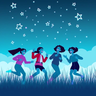 A group of children of diverse ethnic backgrounds joyfully playing together in a field of tall grass that sways gently in the night breeze. The grass glimmers under the light of a clear night sky, which is filled with glowing "star spren" that appear as ethereal, twinkling entities floating among the stars. The children are laughing and running, their silhouettes outlined against the vibrant display of lights. Each child is wearing playful, colorful clothing that flutters as they move, adding to the lively atmosphere. The scene captures a sense of wonder and joy under the vast, starry sky.