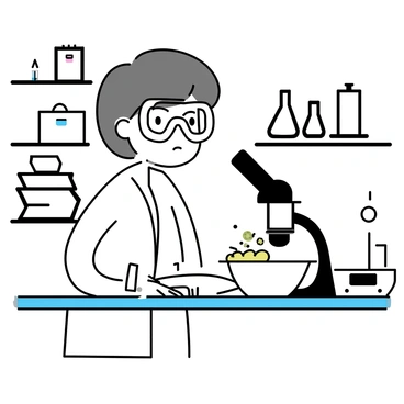 A scientist, wearing a white lab coat and safety goggles, is standing at a laboratory bench. The scientist has short brown hair and is focused intently on a microscope. In front of the microscope, there is a petri dish containing a gelatinous substance with small, vibrant green bacteria visible. The lab is filled with various scientific equipment, including test tubes, a digital scale, and a stack of research papers. The background features shelves lined with glass jars and containers, further emphasizing the scientific environment.