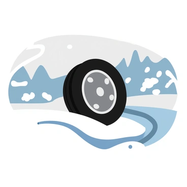 A black car wheel turning on a snowy road. The wheel is partially submerged in the snow, creating a spray of white flakes. Tire tracks are clearly visible behind the wheel, leading through the untouched snow. The road is surrounded by a landscape of snow-covered trees in the background. A light snowfall is gently falling from a gray sky, adding to the frosty atmosphere.