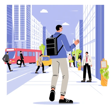 A busy commuter with short black hair wearing a navy blue jacket and grey pants walks briskly along a bustling city street. The commuter carries a sleek, modern black backpack with several compartments. Surrounding the commuter are tall buildings with large glass windows reflecting the sunlight. People in business attire are walking in various directions, while a red bus and yellow taxis are navigating the road. Street vendors selling newspapers and flowers are positioned along the sidewalk. A blue sky with a few fluffy white clouds provides a vibrant backdrop to the scene.