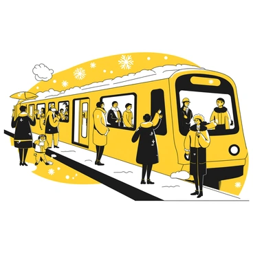 Passengers in winter attire boarding a subway train during a snowfall