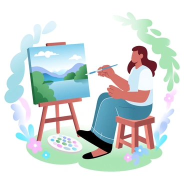 An illustrator is seated on a small stool, actively painting a scenic landscape on a canvas. The landscape features rolling hills, a clear blue sky with fluffy clouds, and a tranquil lake reflecting the surroundings. Trees with lush green foliage frame the scene, while colorful wildflowers dot the grassy area around the illustrator. A palette filled with vibrant colors rests beside the illustrator, who holds a paintbrush in one hand, focused on capturing the beauty of the outdoor scene.
