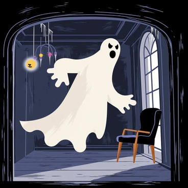 A vengeful ghost with a transparent form gliding through an eerie, abandoned mansion. The ghost has long, flowing hair that drifts as it moves, and its face is contorted in anger. The mansion features dark, dusty wooden floors and cobwebs hanging from the corners of the ceiling. Faded wallpaper peels away, revealing crumbling plaster beneath. Moonlight streams in through broken windows, casting shadows on the ground. In the background, a broken chandelier hangs precariously, and a tattered armchair sits forlornly in a corner.